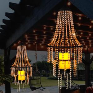 Hanging Candle Chandelier Outdoor, Battery Operated Clear Acrylic Beaded Chandelier with Flickering Led Candle Light S Hooks Modern Lantern for Garden Yard Patio Gazebo Room Indoor Decorations, 28H