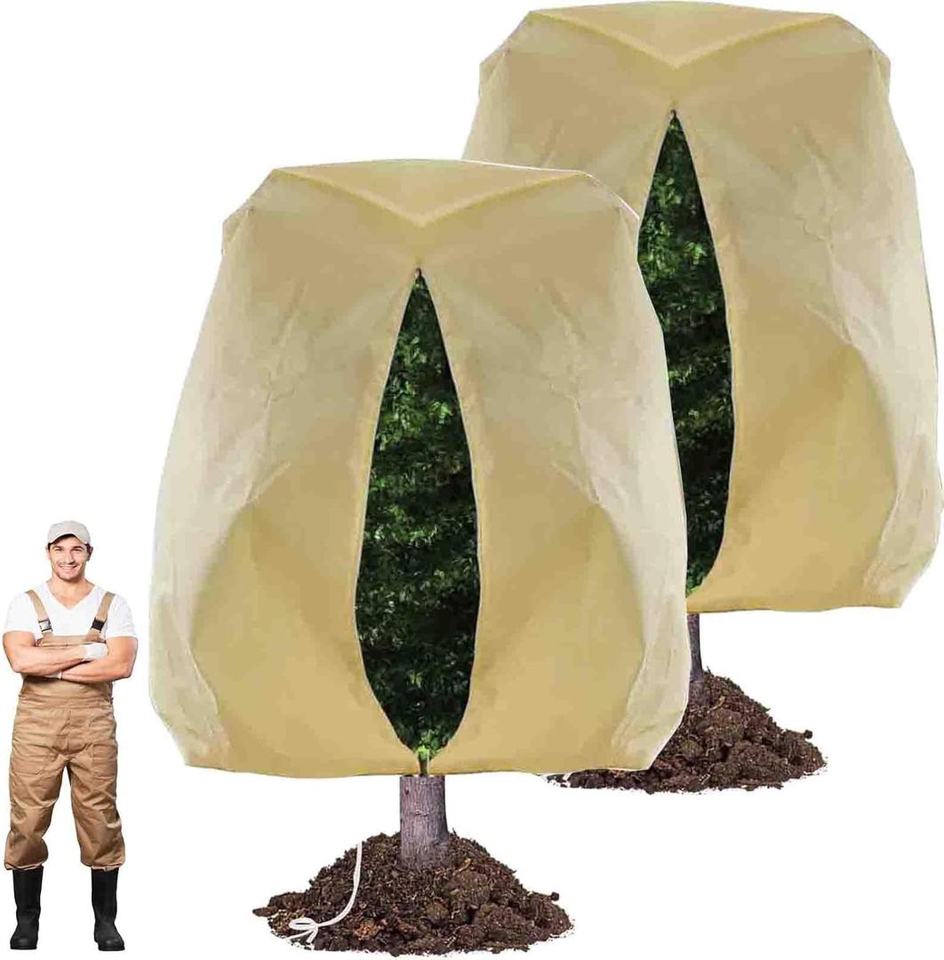 95x80 Inch Huge Plant Covers Freeze Protection Frost Cloth for Outdoor Plants,2.82oz/yd Thickened Winter Tree Covers with Zipper Drawstring,2 Pack Frost Blanket from Wind,Pest and Animal (Beige)