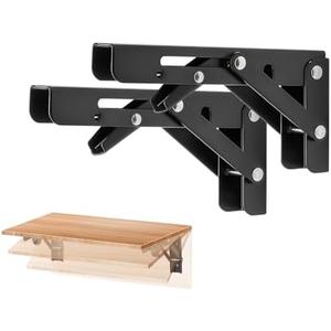 Ravinte 6 Inch Heavy Duty Folding Shelf Brackets - Collapsible Matte Black Brackets for Table, Bench, Space Saving Design, 2 Pack
