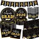 Graduation Decorations 2026 Disposable Black Graduation Tableware Kit for 25 Guests Plates Napkins Cups Tablecloth Hanging Graduation Party Decorations 2026