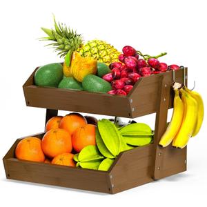 Bamboo Fruit Basket for Kitchen 2 Tier Fruit Bowl For Kitchen Counter, Large Fruit Holder With 2 Banana Hangers, Idea For Fruit and Vegetable Storage, Bread Basket, Snack Organizer (WALNUT)