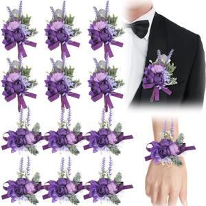 12 Pcs Purple Wrist Corsage and Boutonniere Set for Groom Groomsmen Bride Bridesmaids Wedding Party Prom Suit Artificial Peony Flowers Decor for Women Men Homecoming Ceremony Anniversary Formal Party