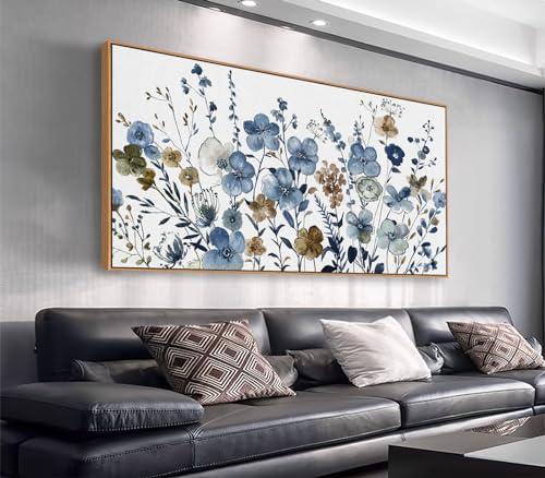 Framed Floral Wall Art - Abstract Flowers Canvas Pictures for Living Room Wall Decor, Indigo Brown Botanical Prints Modern Nature Painting Artwork for Bedroom Kitchen Office Decor 58" x 29"