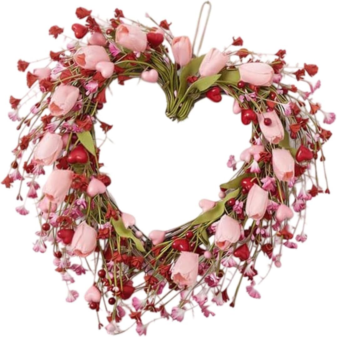 Elegant Artificial Tulips Heart Wreath with Colorful Flowers Decorative Garland Perfect for Wedding and Party Decoration Spring Floral Heart Wreath Artificial Flower Heart Decoration Wedding Door Day