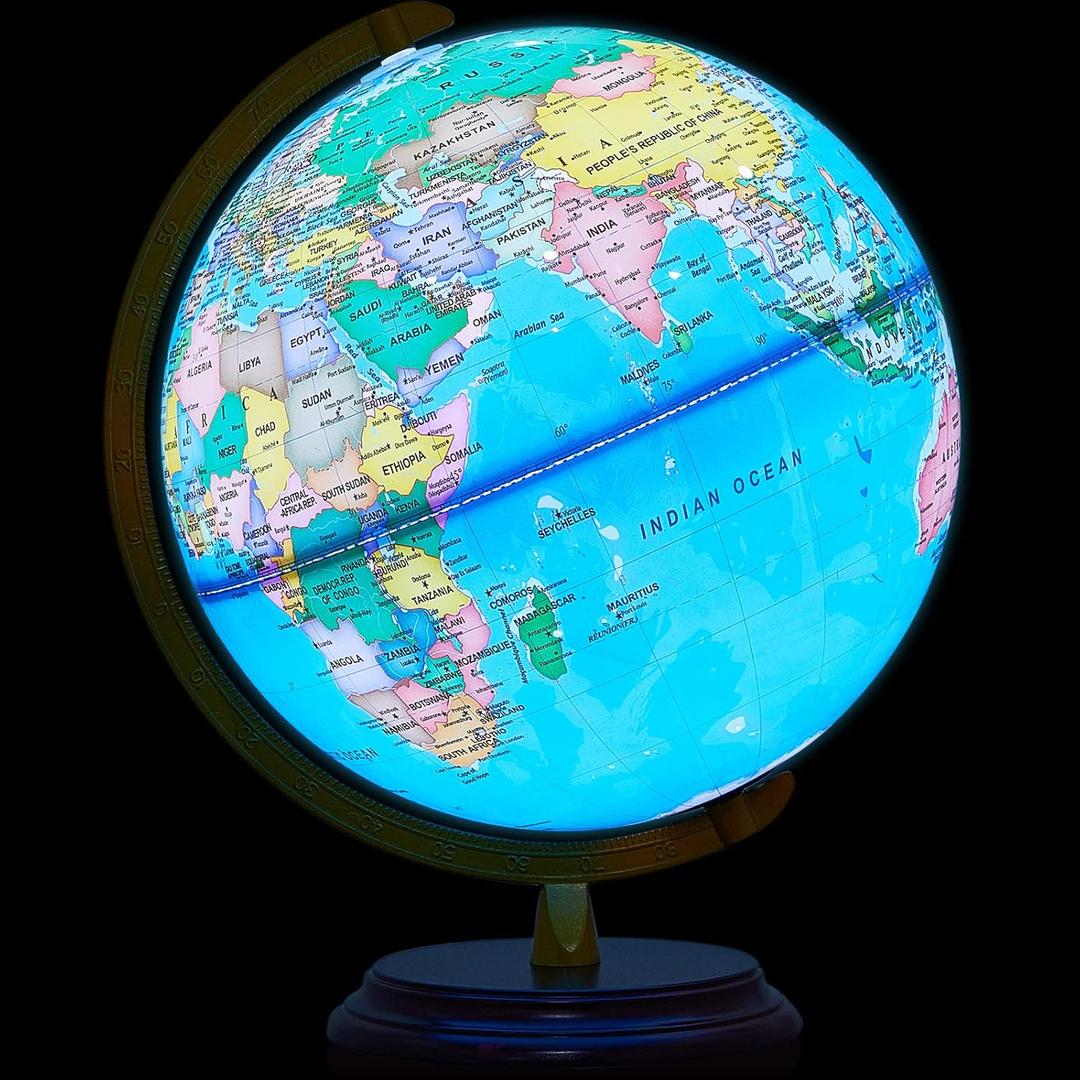 Amylove 13'' Illuminated World Globe for Adults 720/360 Rotation Rewritable Light Up Globe with Stand World Map for Interactive Learning Light with Base Lamp LED Decor (Brown Wood, Classic)