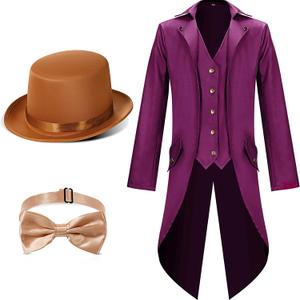 Geyoga Halloween Mens Steampunk Vintage Tailcoat Jacket Costumes Medieval Gothic Uniform and Hat Bow Tie (Small, Purple)