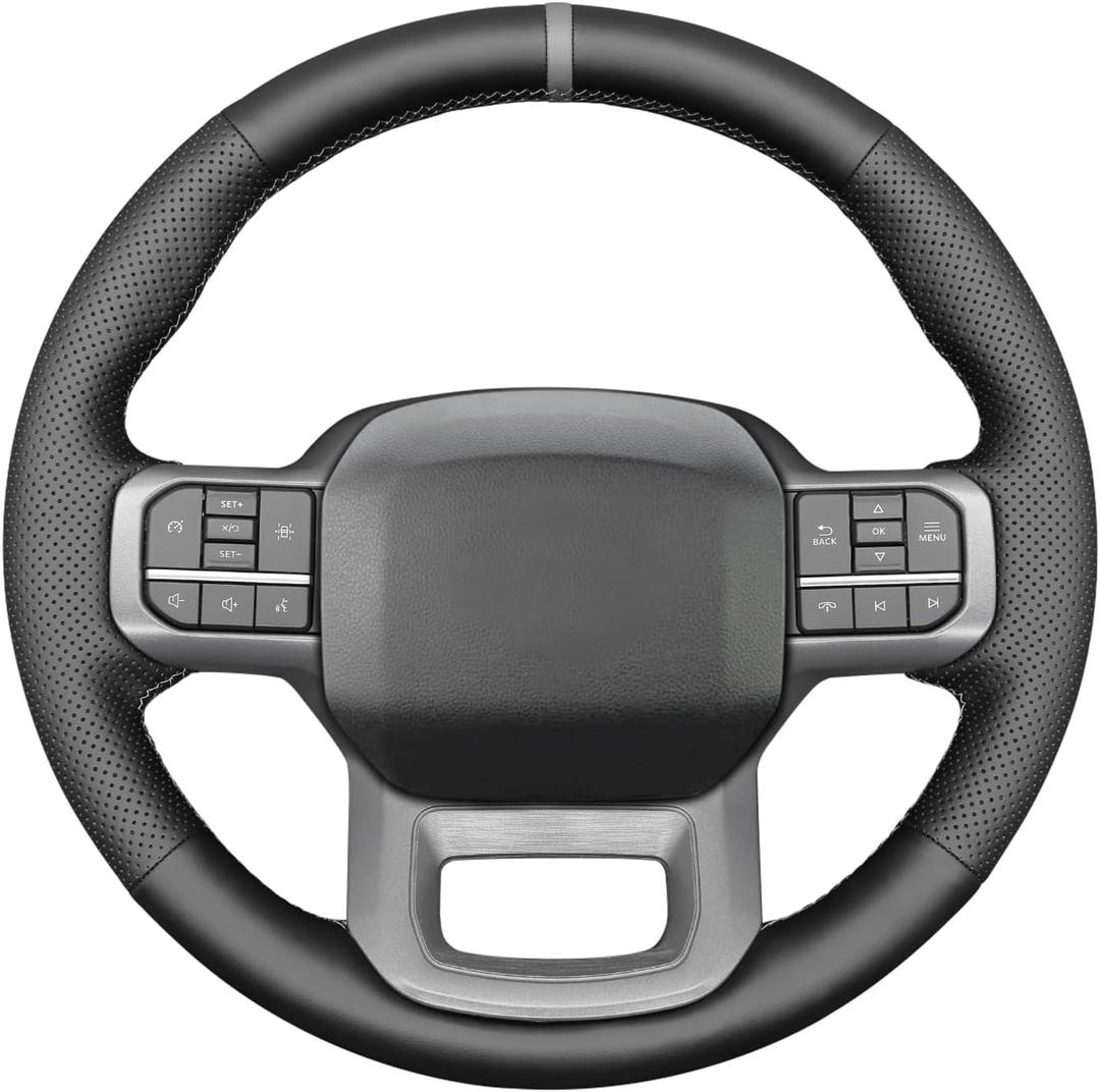 MEWANT Steering Wheel Covers for Ford F-150 2021-2023 / F-150 Lightning 2022-2023 Hand-Stitched F150 Steering Wheel Wrap (grey stripe + grey thread)
