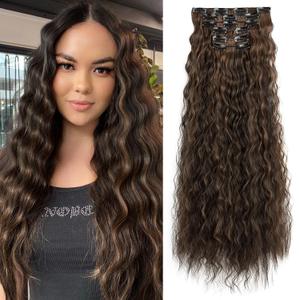 Flufymooz Clip In Hair Extensions,6PCS Hair Extensions Long Mermaid Waves Wavy Synthetic Clip On Hairpiece For Women 24 Inch (Dark Brown with Highlights)