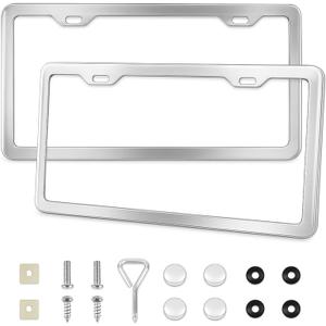 2-Pack License Plate Frames, Universal Aluminum Licence Plate Frame Holder, 2-Hole Narrow  Slim Design Holder with Screws & Caps, Universal Fit for Cars, Trucks, Various Vehicles-Silver