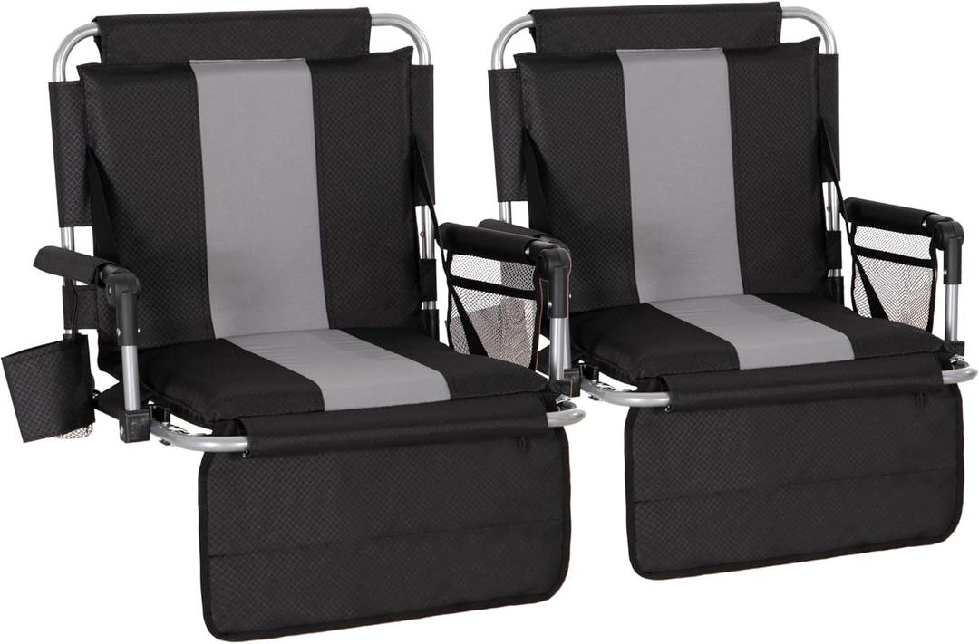 LET'S CAMP Folding Stadium Seat Bleacher Chair with Cup Holder, Mesh Bag and Hide Hooks, Portable Stadium Chair with Back and Cushion (Black Grey - 2 Pcs)