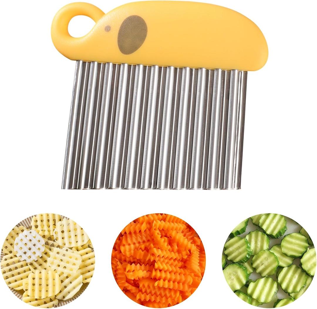 2 x Crinkle Cutter & French Fry Cutter  Effortless Stainless Steel Wavy Slicer, Ergonomic Handle Vegetable Chopper, Fun Waffle Fry Potato Cutter, Cute Elephant Shaped Fruit Veggie Cutting Tool
