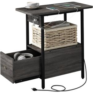 LIDYUK End Table with Charging Station, Narrow Side Table with Drawer and USB Ports & Power Outlets, Nightstand Bedside Tables for Small Spaces, Bedroom, Living Room, Dark Grey (Pack of 1)
