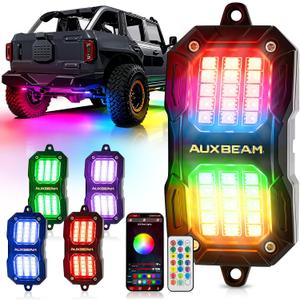 Auxbeam 4 Pods RGB LED Rock Lights Dynamic Color Changing with Brake Mode Wheel Well Lights w/Bluetooth APP+Remote Control Music Voice Sync IP67 Waterproof Underglow Kit for Trucks ATV 