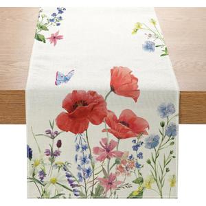 Spring Red Poppy Table Runner 13x72 Inch Purple Pink Wildflower Summer Kitchen Dining Table Decoration for Indoor Outdoor Home Party Dcor