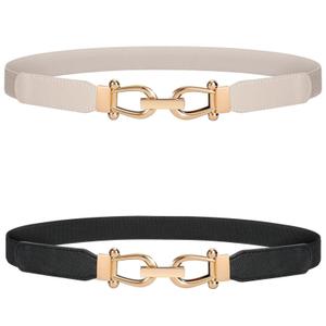 WERFORU Women Skinny Belt for Dresses Retro Stretch Waist Belt with Gold Buckle Set of 2