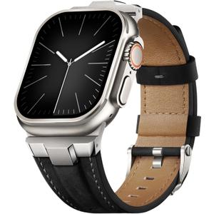 Suitisbest Leather Band Compatible for Apple Watch Ultra Band 49mm 46mm 45mm 44mm 42mm 41mm 40mm, Genuine Leather Replacement Strap for iWatch series 11 10 9 8 7 6 5 4 3 2 1, SE 3 2 1, Ultra 3 2 1 (Titanium/Retro Black)