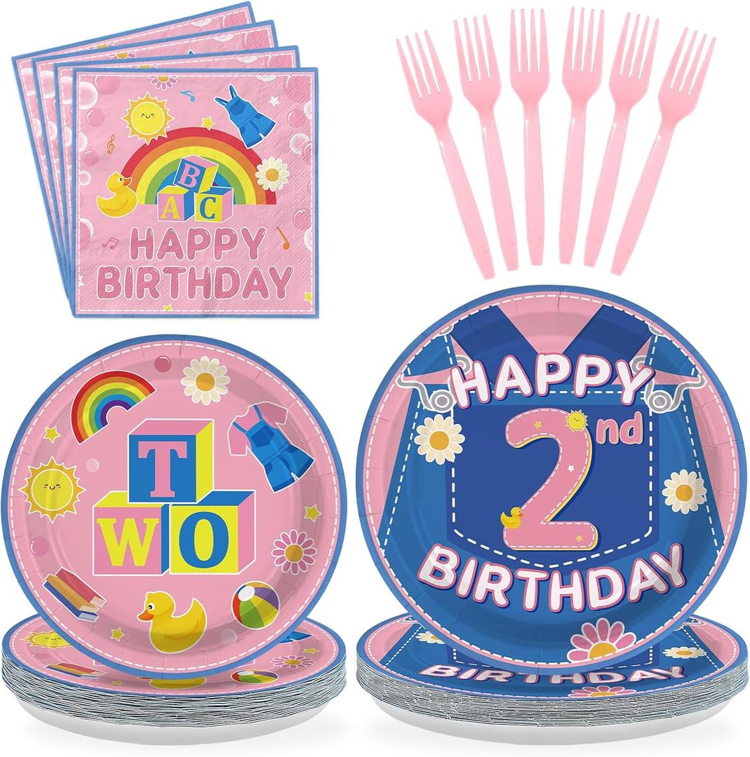 96Pcs 2nd Birthday Party Decorations Girls Pink Cartoon Teaching Plates and Napkins Cartoon English Teacher Theme Tableware Set for Girl Birthday Baby Shower Party SuppliesServes 24