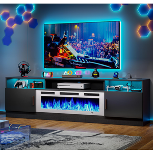MXV 70\" Fireplace TV Stand with Power Outlet for TVs UP to 80\", Electric Fireplace Entertainment Center with LED Lights & Storage Cabinets, TV Console for Living Room, Office, Black-White