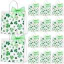 Wesnoy 24 Pcs St Patricks Day Clear Gift Bags with Handles Shamrock PVC Treat Totes with Ribbon Green Clover Gift Wrapping Bag Bulk for Irish Party Favor Supplies Holiday Gifts, 6.3 x 5.9 x 3.2 Inch