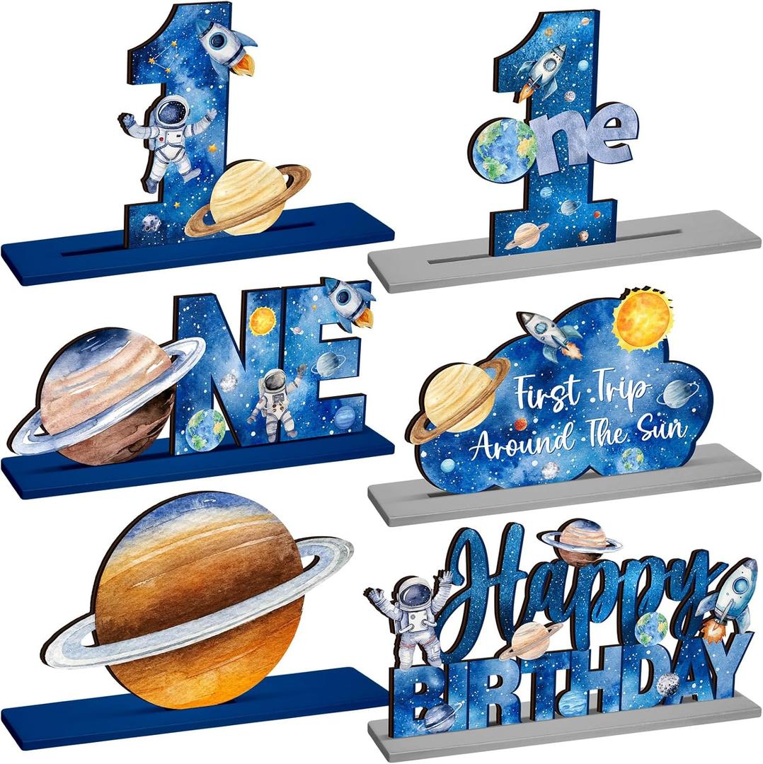 6 Pcs First Trip Around The Sun 1st Birthday Party Decorations Wooden Table Centerpiece Outer Space Solar System Theme Table Decoration Kids Theme Party Supplies