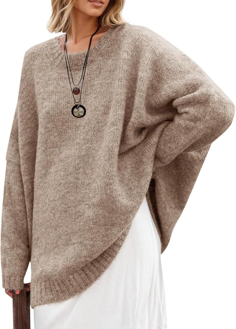 Saodimallsu Womens Oversized Tunic Sweaters Long Sleeve Crew Neck Chunky Knit Slouchy Casual Pullover Sweater Tops (Medium, Khaki)