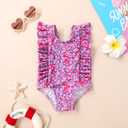 Happy Town One-Piece Infant Toddler Baby Girl Summer Swimsuit Watermelon Leopard Ruffle Swimwear Bikini Bathing Suit (6-12 Months, Purple Floral)