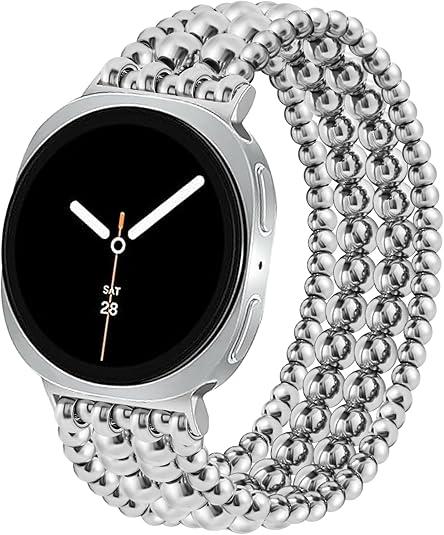 Dressy Beaded Bracelet Compatible with Samsung Galaxy Watch 8 Band 40mm 44mm/8 Classic 46 mm Women, Fashion Cute Strechy Stainless Steel Beads Strap for Galaxy Watch 8 (Silver)