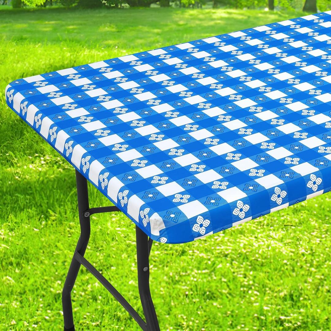 Rectangle Vinyl Table Cloth, Waterproof Elastic Fitted Tablecloth with Flannel Backing, Plastic Table Cover for Picnic, Camping, Outdoor (Blue & White, 30"x72")
