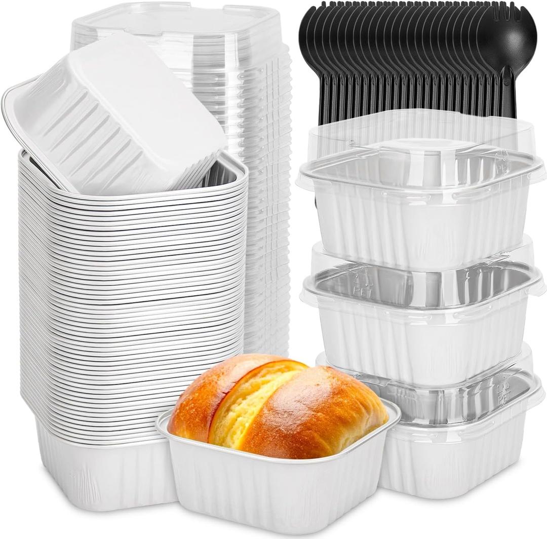 selizo 60 Pack 5oz Mini Square Disposable Cake Pans with Lids, Aluminum Foil Baking Cups, Individual Cake Containers with Lids for Parties and Gatherings (White)