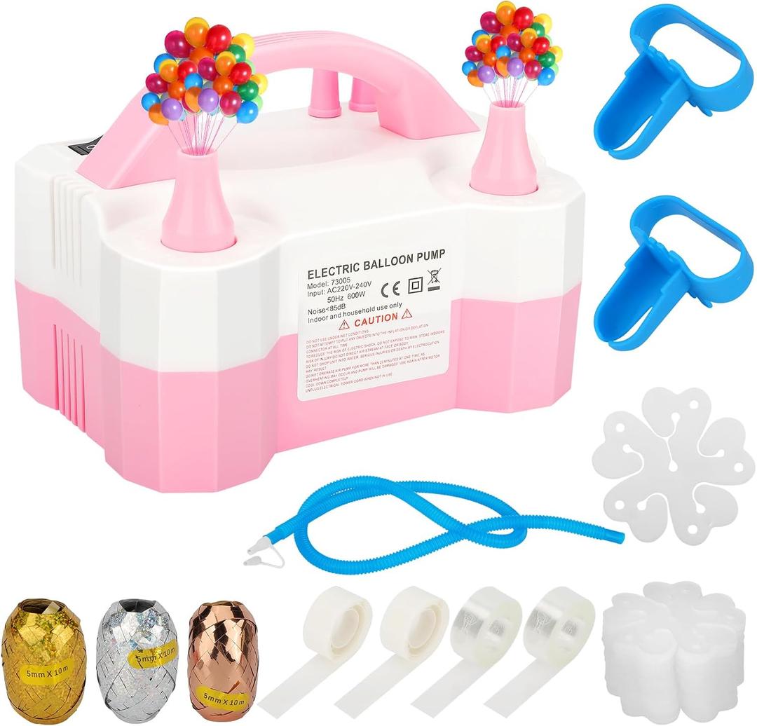 Electric Balloon Pump, Portable Birthday Balloon Pump, Electric Balloon Inflator with Double Nozzle, Balloon Pump (AC220-240V 600W) for Party, Festival and Wedding Decoration