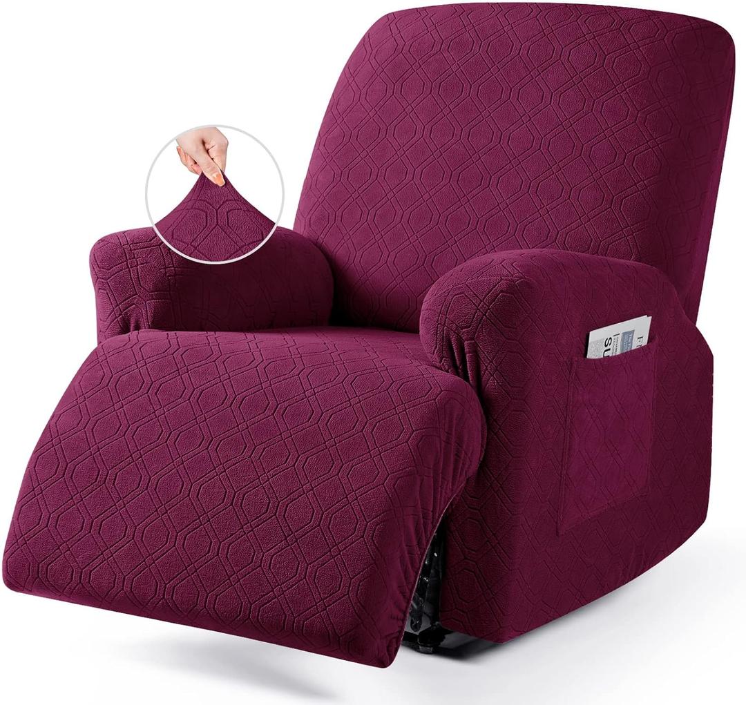 VANSOFY Oversized Recliner Chair Cover, 4-Pieces Stretch Recliner Covers for Recliner Chair Soft Reclining Chair Slipcover Jacquard Pattern Furniture Protector for Dogs Cats(Burgundy) (1 Seater--X Large)
