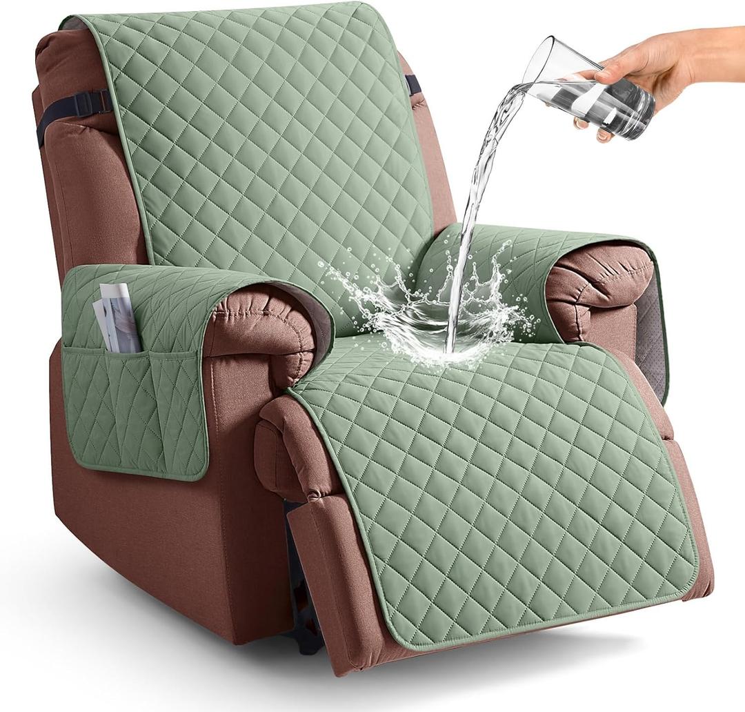 KinCam 100% Waterproof Recliner Chair Cover, Reclining Couch Covers for Pets, Dogs, Recliner Couch Slipcover Furniture Protector with Elastic Straps for Kids(23.6", Sage Green)
