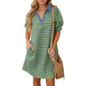 BLENCOT Women's Casual Polo V Neck T Shirt Striped Dress Summer Puff Short Sleeve MIdi Dresses M
