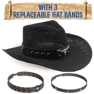 Funcredible Straw Cowboy Hat for Women - Straw Cowgirl Hat - Vintage Cowboy Hat with 1 Replaceable Hat Bands