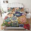 Nttopship 3 Piece Boho Floral Bedding Set,Colorful Flowers Comforter Set,Bohemian Reversible Down Alternative Bed Sets,Full Size Soft Microfiber Flower Duvet Vintage Bedding in a Bag for Women Men