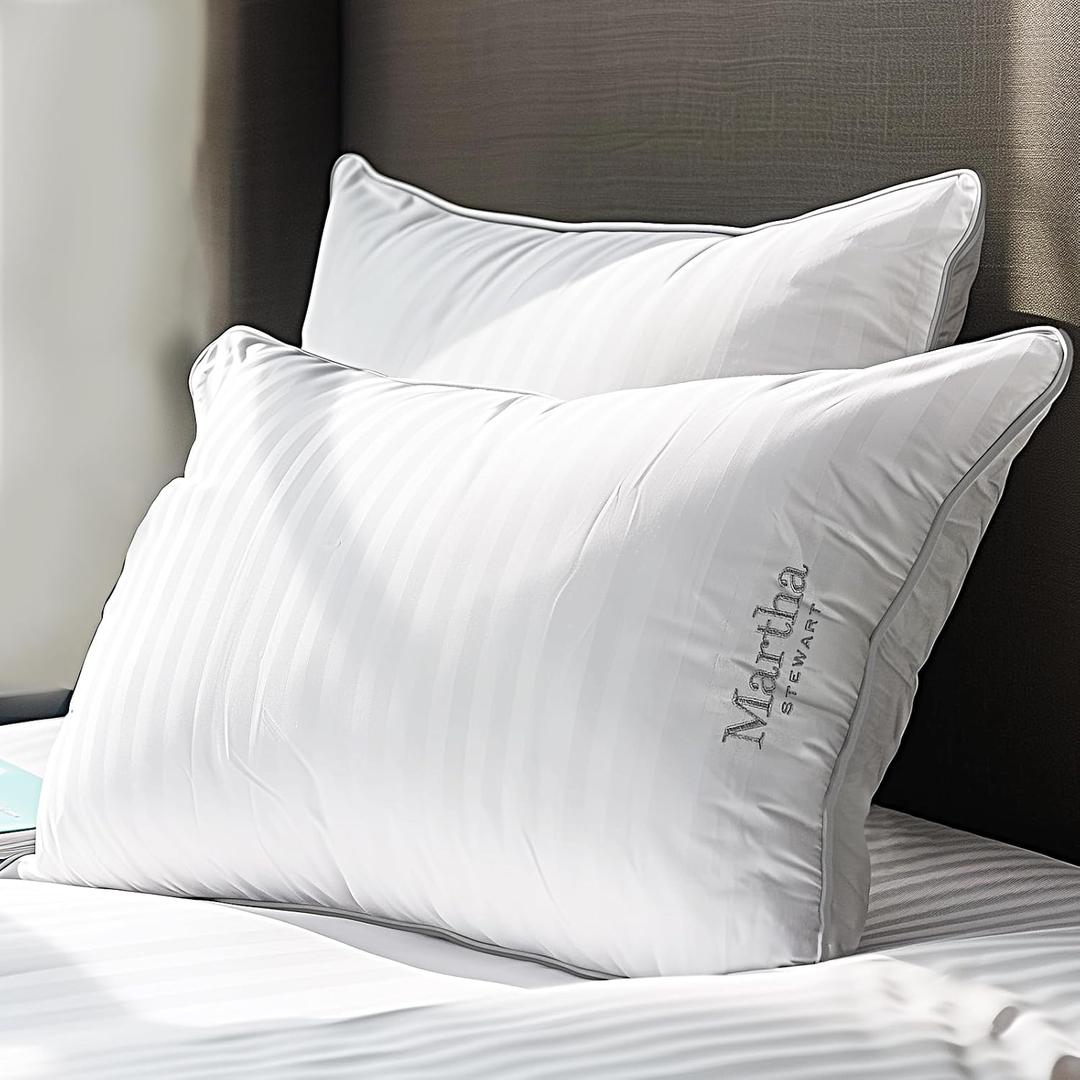 MARTHA STEWART Hotel Collection Pillow 500 Thread Count Damask Stripe Embroidered Feathers Soft Hypoallergenic 100% Cotton, Queen Size Set of 2, White 2