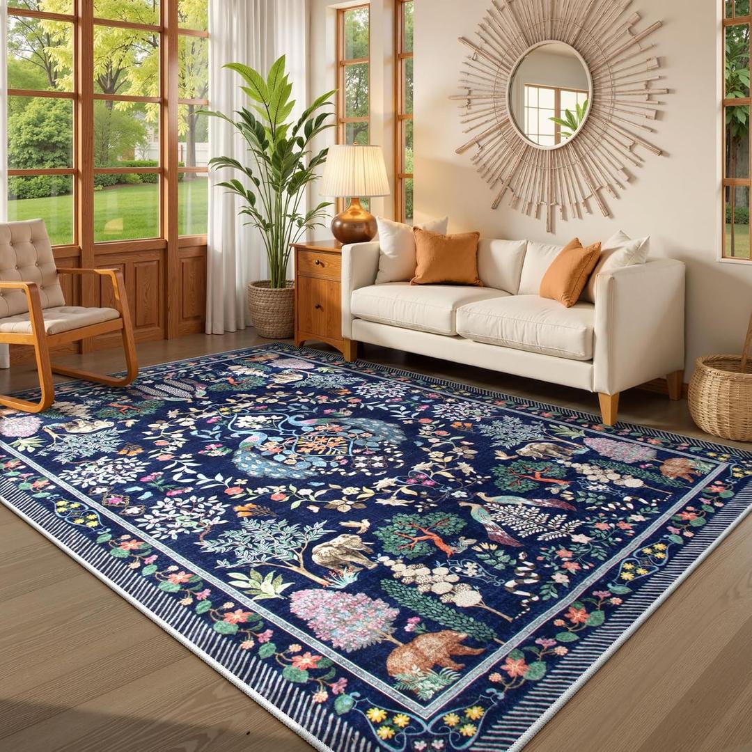 Lahome Blue Area Rug for Living Room, Vintage Machine Washable 5x7 Rug Colorful Soft Bedroom Rug, Botanical Non-Slip Low Pile Stain Resistance Large Carpet for Farmhouse, Dining Room, Kids Playroom