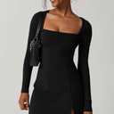 QINSEN Square Neck Long Sleeve Flare Dress with Side Slit for Women Elegant Mini Dress for Casual Party Wear (M)
