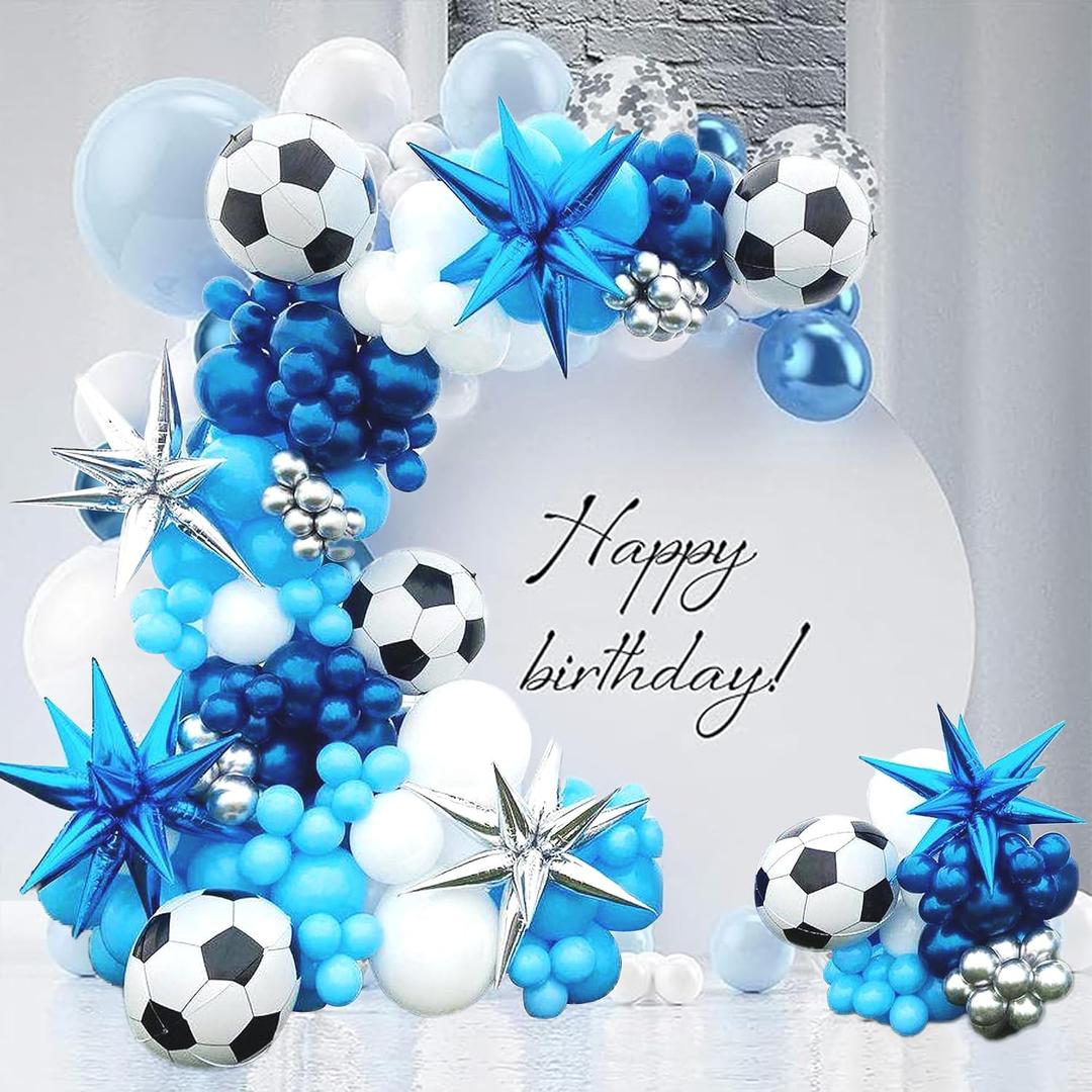 DRWATE Soccer Balloon Arch Kit for Boys, Blue Silver White Balloons, Birthday Football Party Decoration, Includes 106 Pieces