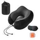Travel Pillow 100% Pure Memory Foam Neck Pillow, Breathable & Machine Washable Cover, Neck Support Pillow with 3D Contoured Eye Mask, Earplugs & Portable Bag for Airplane Travel (Black)