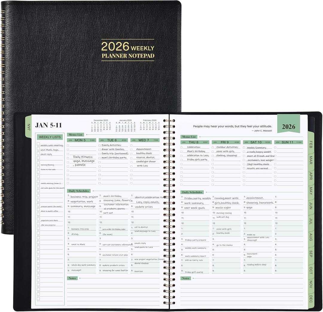 2 x 2026 Planner - 11.38'' x 8.74'', Weekly & Monthly Planner Notepad 2026, Jan. 2026 - Dec.2026, Appointment Book 2026, 60 Minutes Interval, Monthly Tabs, Faux Soft Leather, Spiral Bound - Black