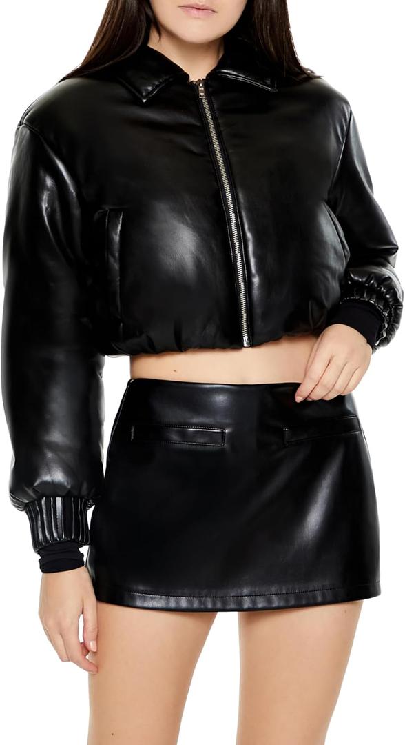 Forever 21 Women's Faux Leather Cropped Bomber Jacket Black X-Large