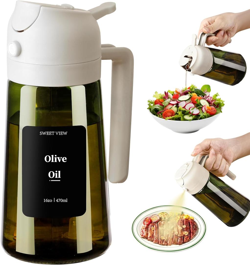 Olive Oil Dispenser and Oil Sprayer  16oz/470ml Glass Light-Proof Oil Pourer for Kitchen, Air Fryer, Cooking, Salad, and BBQ (White)