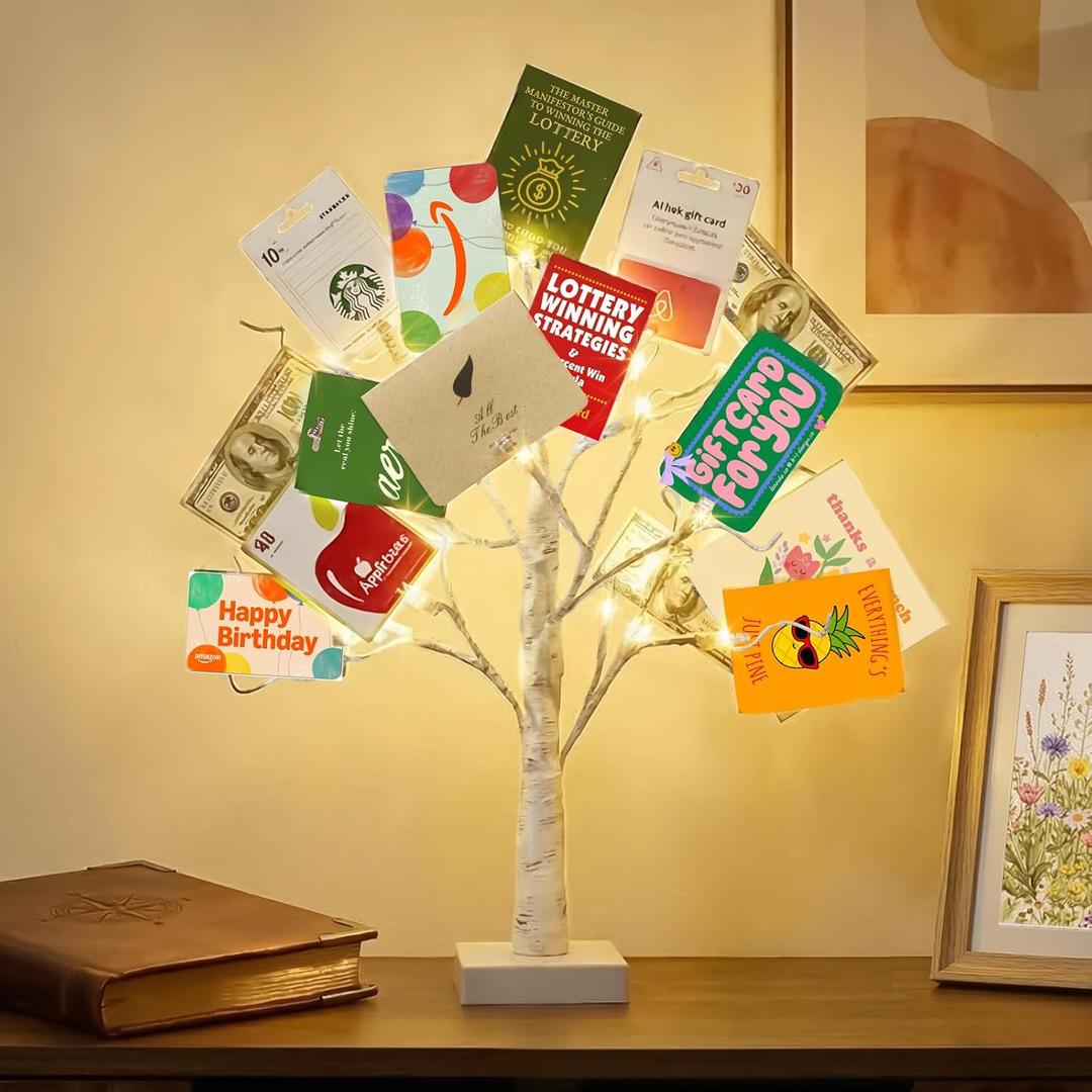 EAMBRITE Money Tree Gift Holder, Lighted Birch Tree 2FT 24LED, Battery/USB Powered Timer Light Up Display Twig Gift Card Tree with 12 Clear Clips and 6 Cards for Home Christmas Graduation Photo Memo