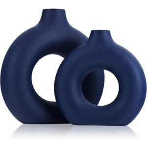 Navy Blue Ceramics Vase for Home Decor,Minimalist Nordic Hollow Donut Vase Set of 2, Modern Navy Blue Decor for Kitchen Table Centerpiece,Living Room,Fire Place,Bookshelf,Office,Entryway,Console