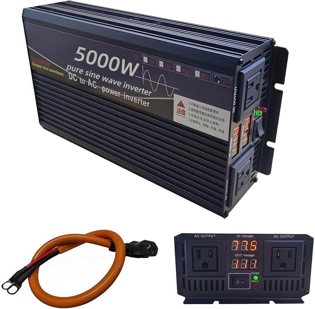 5000W Power Inverter 72V DC to 110V AC Converter with LED Display Dual AC Outlets Dual Fans Radiating for RV, Camp, Boat and Home Emergency Portable Pure Sine Wave Inverter (LED Screen, 5000W 72V)