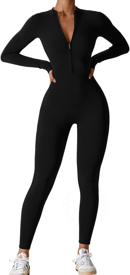 Womens Long Sleeve Workout Jumpsuit Zip Up Yoga Rompers Sexy Tummy Control One Piece Bodycon Bottom Pants (Small, #1 Black)
