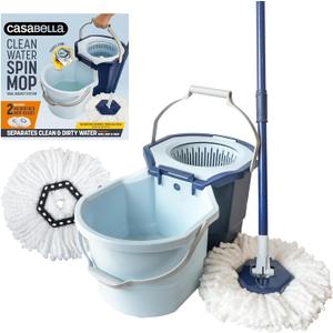 Casabella Clean Water Spin Mop System with Extra Mop Head Refill - Two-Bucket Design Mop System, Splash Guard, Built-in Measuring Cup, and Scraper Tool, Easy Wring Pedal Spinner
