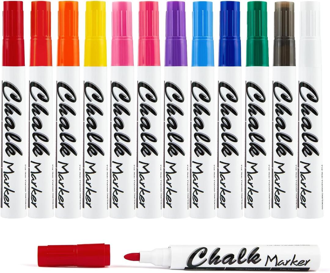 Volcanics 12 Pack Liquid Chalk Markers  12 Bright Colors  Round Tip Wet Erase, Dust-Free, Non-Toxic, Safe Chalk Pens for Chalkboards, Glass, Windows, LED Signs (Multicolor)