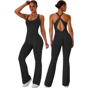 TDIFFUN Flare Workout Jumpsuits for Women One Piece Sleeveless Scrunch Butt Lifting Gym Bodysuit Sexy Backless Yoga Outfits, Medium, Black